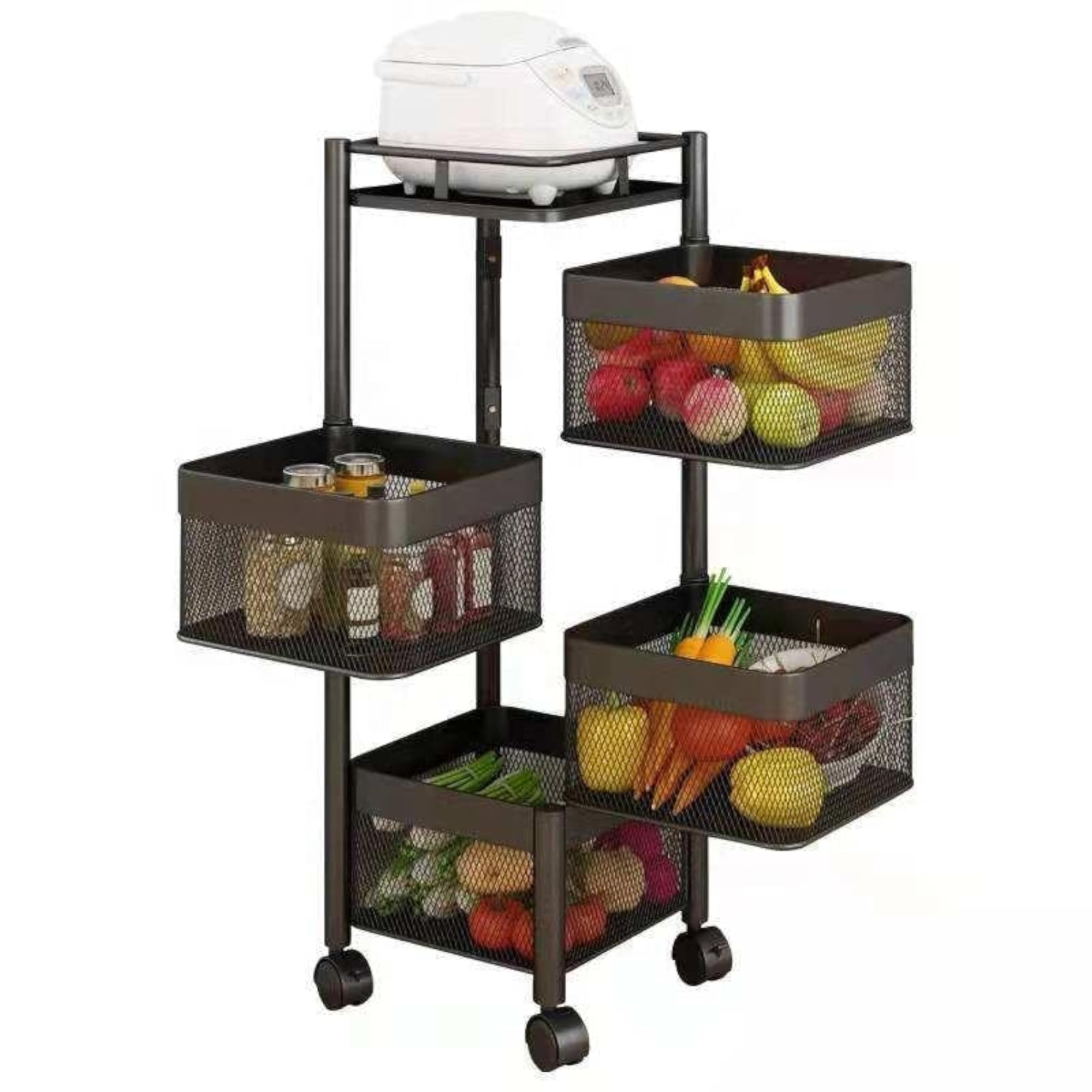 4-Tier Rolling Kitchen Storage Cart with Metal Mesh Baskets